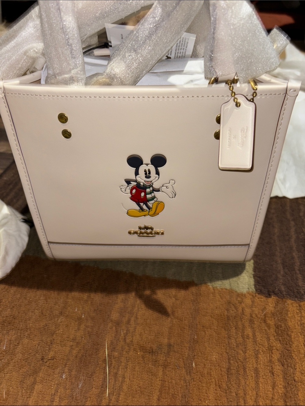 Coach Leather Mickey Tote — Pale Pink with Red & Yellow Accents